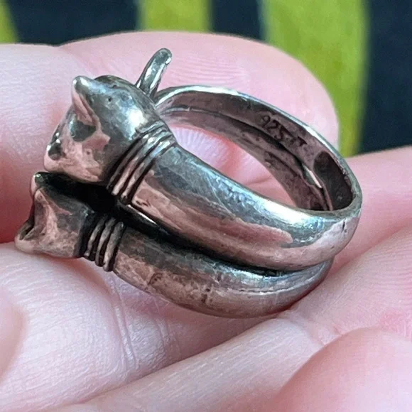 VTG Whimsigoth Double Trouble Cat Feline Sterling Silver 925 Size 6 Ring